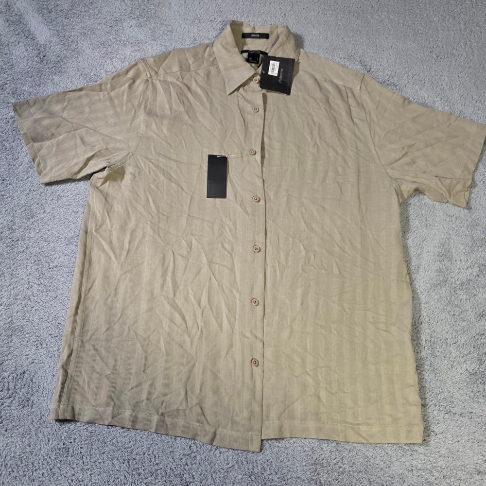 Claiborne Mens Large Short Sleeve Button Up Tan 100% Silk Herringbone MERU4096